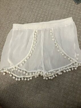 Women’s White Pom-Pom Swim Coverup Shorts